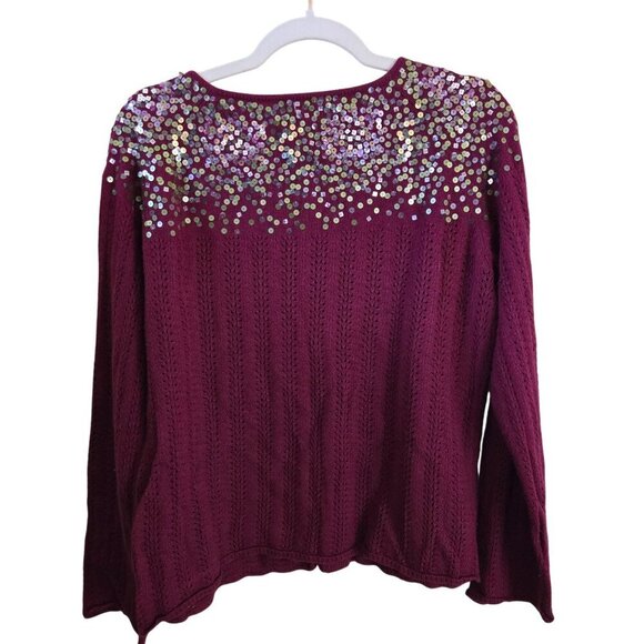 Susan Bristol Vintage Burgundy Open Knit Sequined Cardigan Sweater Size L - Picture 2 of 6